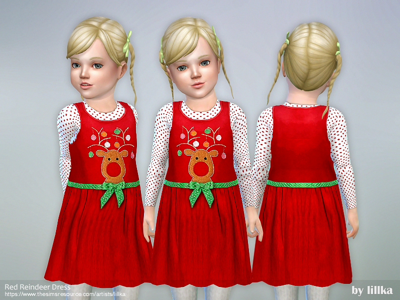 Une Sim blonde aux cheveux tressés portant un chemisier blanc à pois rouges sous une robe rouge avec un renne sur le devant.