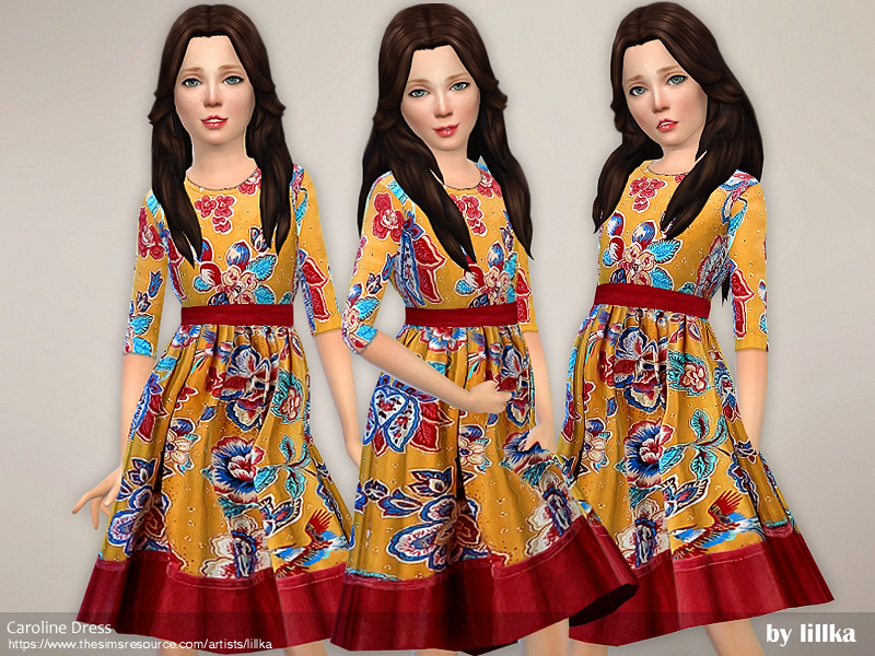 Le même personnage enfant des Sims 4 avec de longs cheveux bruns portant une robe dorée vif avec des fleurs et des bordures et une ceinture rouges.
