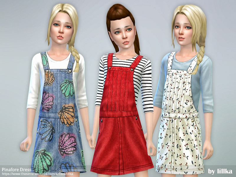 La même sim blonde deux fois et un autre enfant aux cheveux bruns dans Les Sims 4 au milieu. Ces sims portent des robes salopettes avec des chemisiers à manches longues et des motifs amusants.