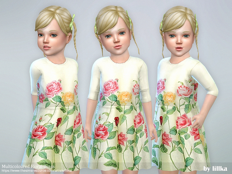 La même petite fille blonde des Sims 4 trois fois, cette petite fille porte une robe jaune clair à manches longues avec des roses dessus.