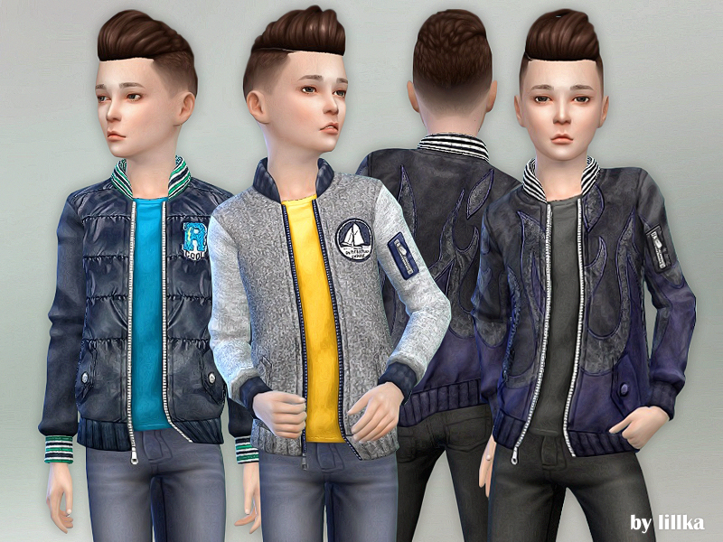 Le même Sim des Sims 4, avec quatre tenues différentes. Le Sim a une coiffure gonflée sur le côté rasé et porte une option de veste CC ouverte avec un t-shirt en dessous.