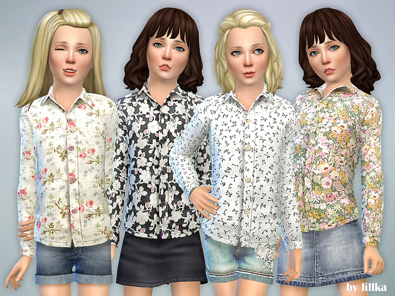 Quatre sims portant une chemise à col boutonné avec des motifs