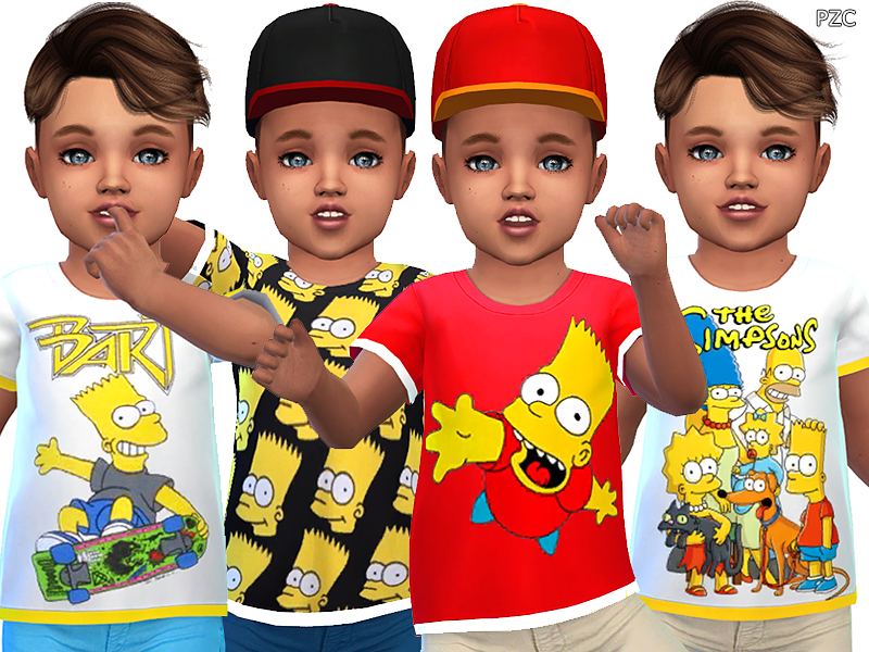 Quatre tout-petits aux yeux bleus et aux cheveux bruns portant des t-shirts des Simpsons.