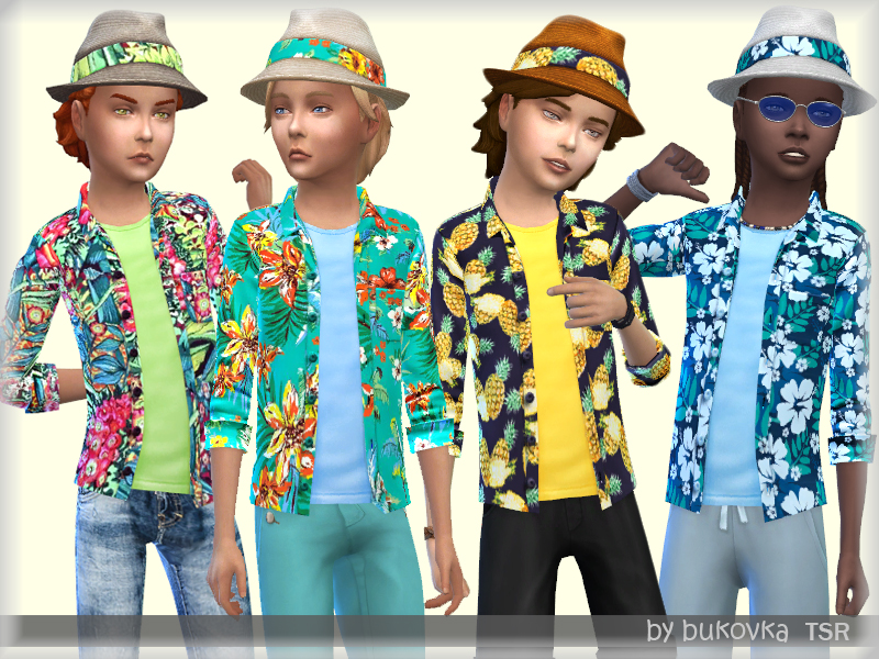 Quatre personnages masculins des Sims 4 portant des chapeaux hawaïens assortis et des chemises hawaïennes.