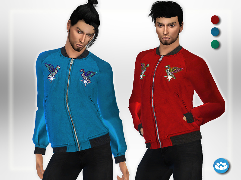 Deux sims différents aux cheveux noirs portant des vestes bomber cc zippées, l'une en bleu et l'autre en rouge, la veste comporte un oiseau sur la poitrine.