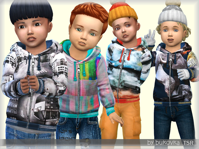 Quatre personnages de The Sims 4 portant des vestes parka colorées et vives. Elles ont des motifs abstraits et certains portent également des bonnets.