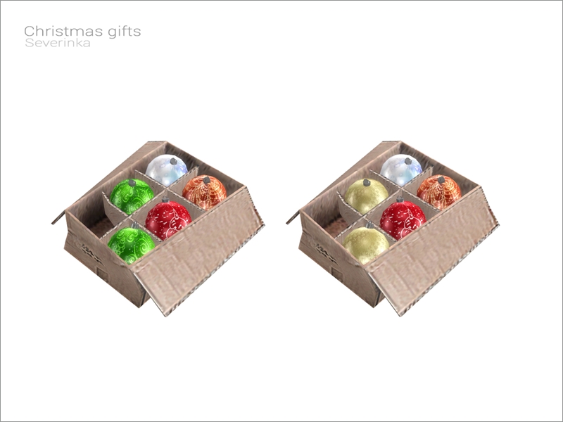 Une boîte en carton brun remplie de cinq ornements de Noël sims 4 cc.