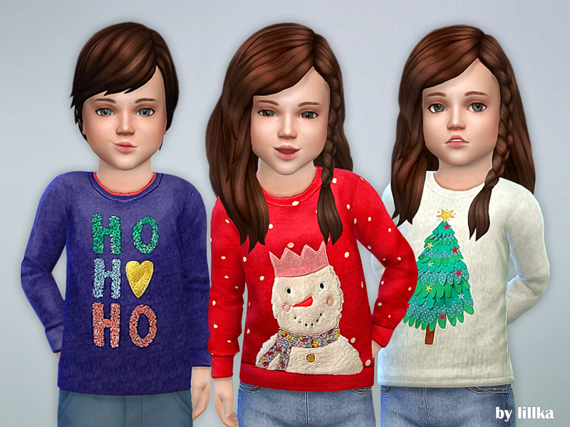 Trois sims aux cheveux bruns portant des pulls de Noël fins à manches longues dans Les Sims 4.