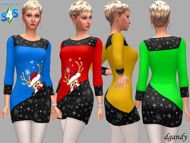Un Sim aux cheveux blonds courts portant une robe à manches longues. Cette robe a des panneaux noirs avec un motif de flocon de neige blanc et le reste de la robe est d'une couleur vive. Dans la section colorée, il y a un renne avec un bonnet de Père Noël.