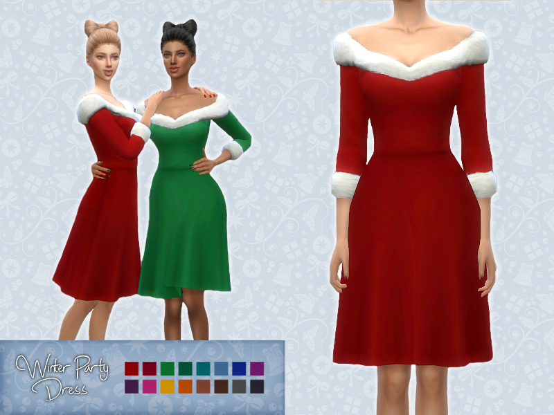 Un Sim portant une robe décolletée qui arrive juste au-dessus du genou. Les poignets et le décolleté ont une texture blanche et moelleuse.