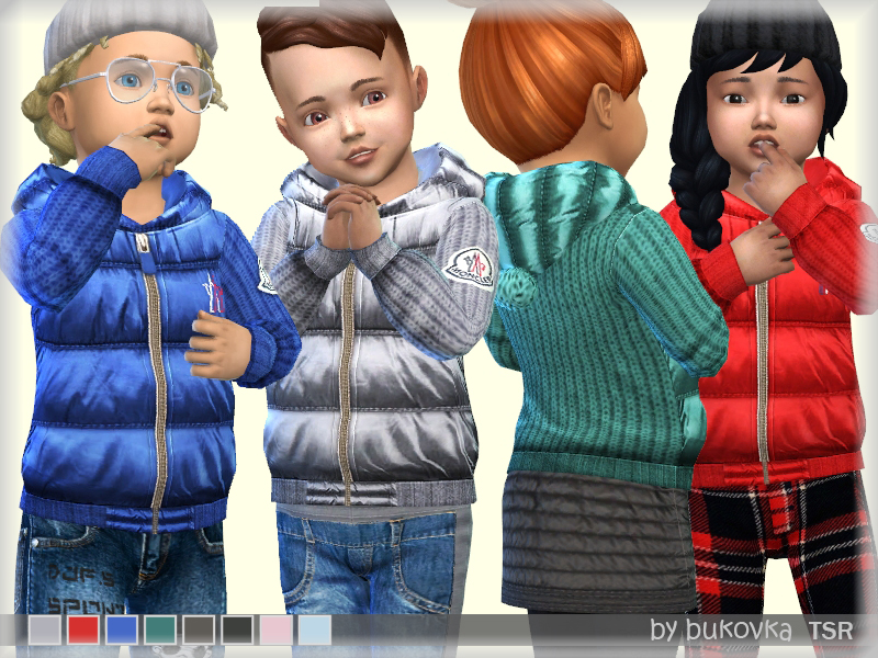 Quatre bambins de Les Sims 4 portant des manteaux avec des dos et des manches en tricot et un devant matelassé.