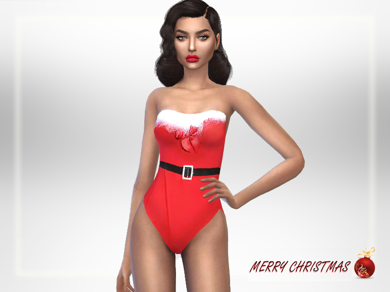 Un sim dans Les Sims 4 se tenant avec une main sur la hanche portant un maillot de bain de Noël qui ressemble au Père Noël