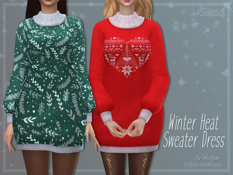 Deux Sims portant des robes-pulls à col roulé tricotées