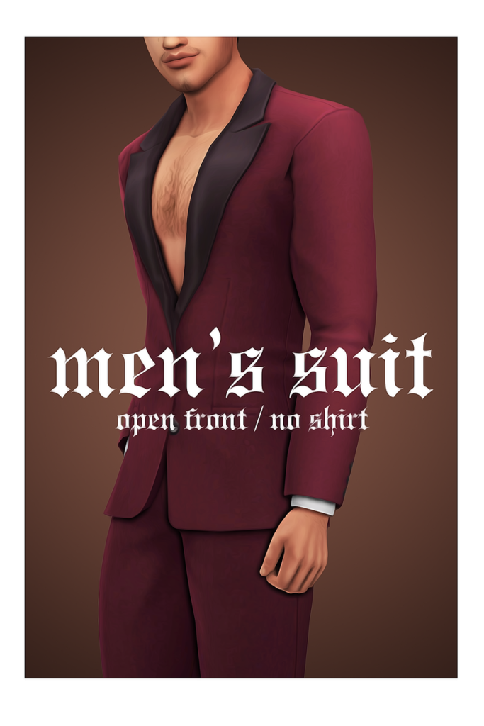 Un sim masculin avec la tête coupée de l'image. Il porte un costume bordeaux sans chemise en dessous, mettant en valeur sa poitrine.