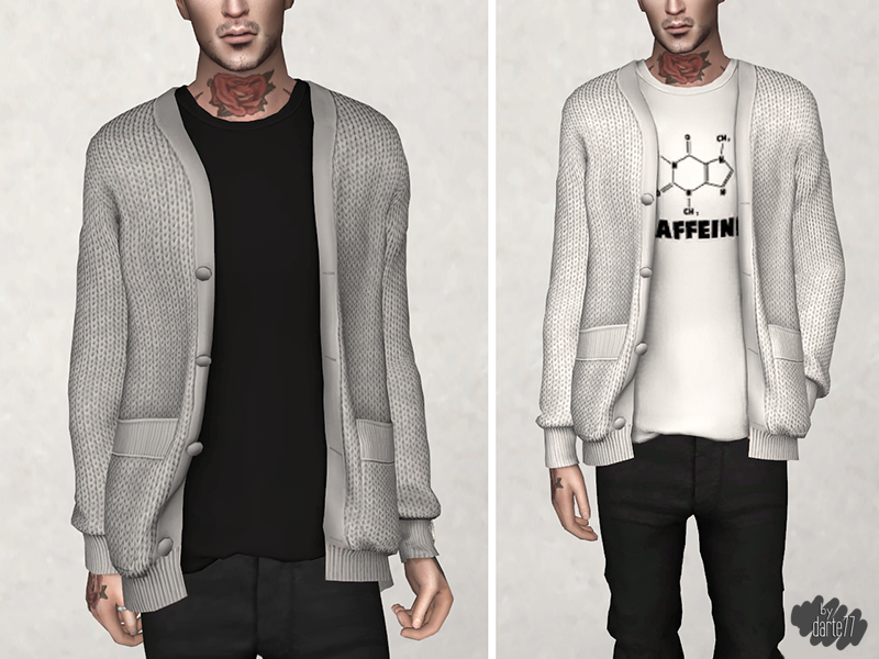 Le même sim masculin qui a un tatouage sur le cou porte un pull en tricot avec des boutons et des poches dans Les Sims 4