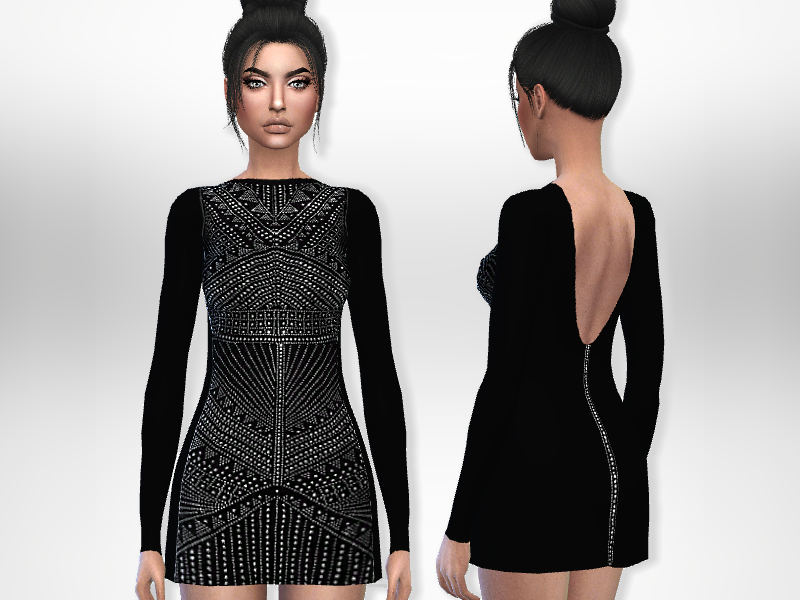 Un sim avec les cheveux noirs attachés en chignon portant une robe noire à manches longues, avec une fermeture éclair à l'arrière et l'avant couvert de perles argentées.