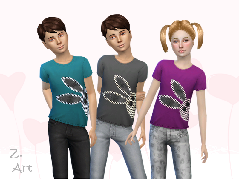 Trois sims portant le même t-shirt de lapin dans différentes couleurs