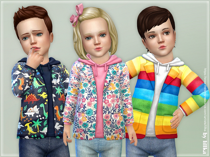 Une image avec trois tout-petits de The Sims 4. Ces tout-petits portent des vestes CC imprimées et colorées avec des capuches en dessous.
