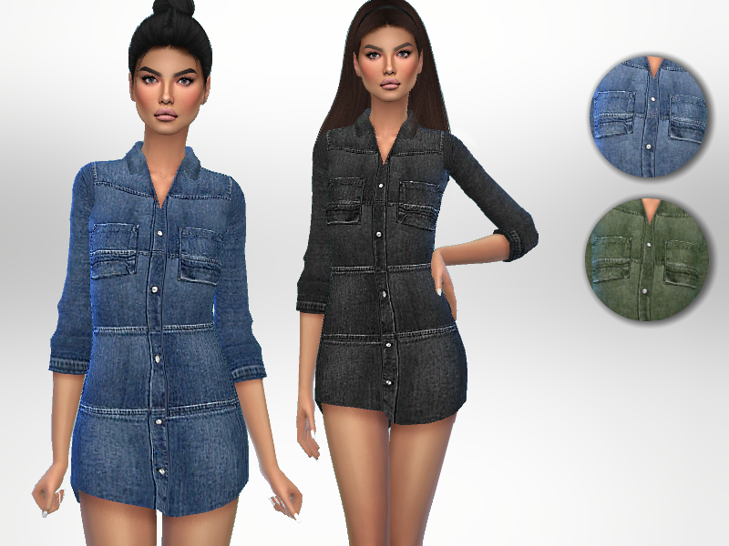 Le même Sim deux fois, une fois avec les cheveux attachés en un chignon et une autre fois avec les cheveux détachés. Les deux versions de ce personnage de Sims 4 portent une robe à manches longues en jean avec des détails horizontaux et des poches sur la poitrine.