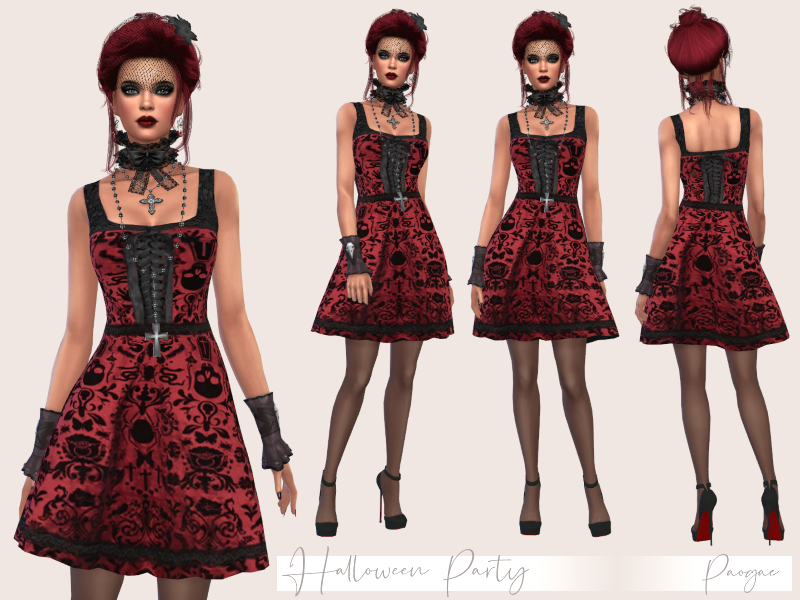 Un sim portant une robe corset noire et rouge avec des motifs de crâne, d'os et de serpent sur leur robe