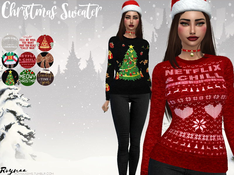 Une sim avec un rouge à lèvres foncé, des cheveux bruns et un bonnet de père Noël. Elle porte un pull de Noël Netflix & Chill.