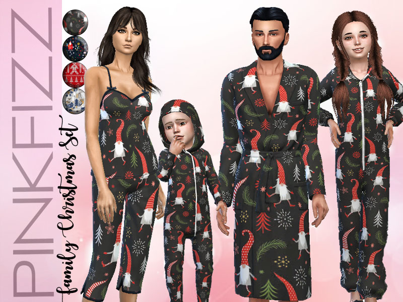 une famille de Sims, l'enfant et le bambin portent des grenouillères, le papa porte un peignoir et la maman porte un ensemble de pyjama. Toutes les options ont un fond noir avec des gnomes et des arbres dessus.
