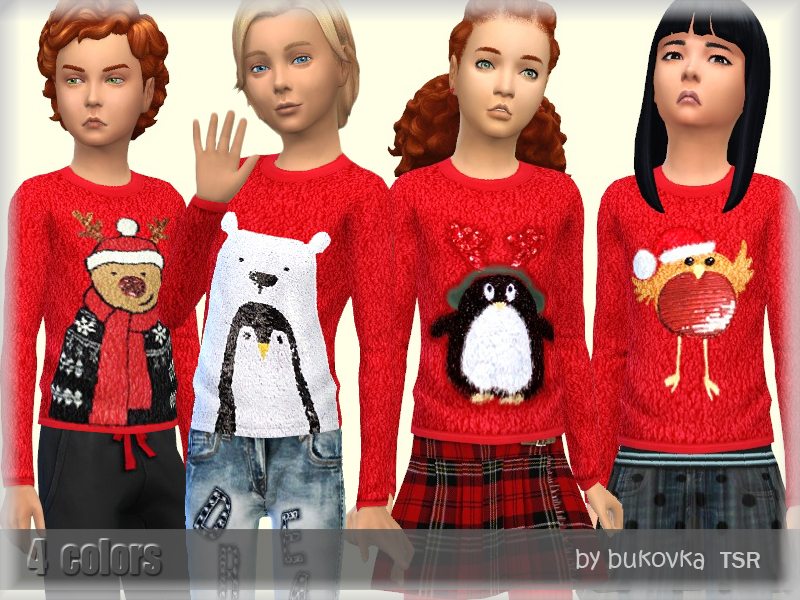 Quatre enfants dans Les Sims 4 portant des pulls de Noël assortis.