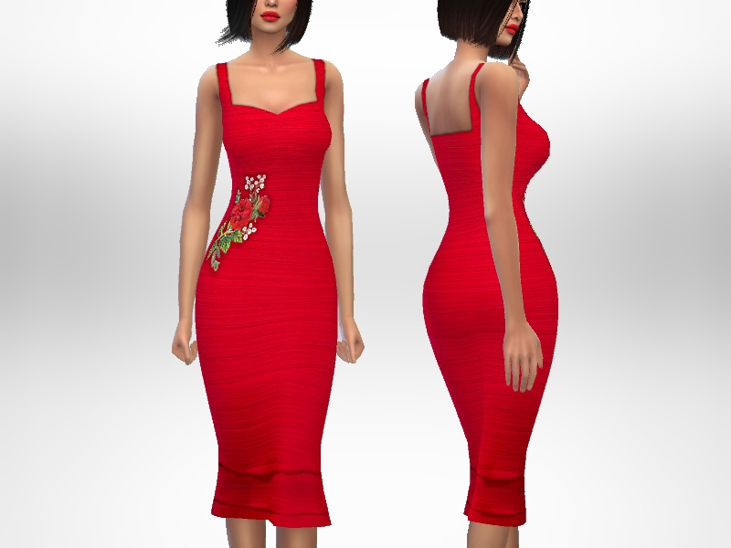 Une image du même personnage des Sims 4 deux fois avec la tête coupée de l'image. Ils portent une robe moulante rouge avec une broderie florale sur le côté.