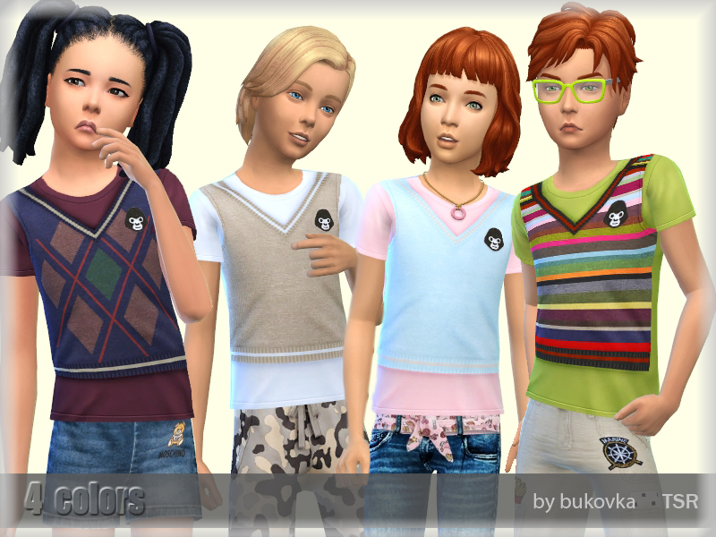quatre sims portant des variations de la même veste avec un singe dessus, sur un t-shirt