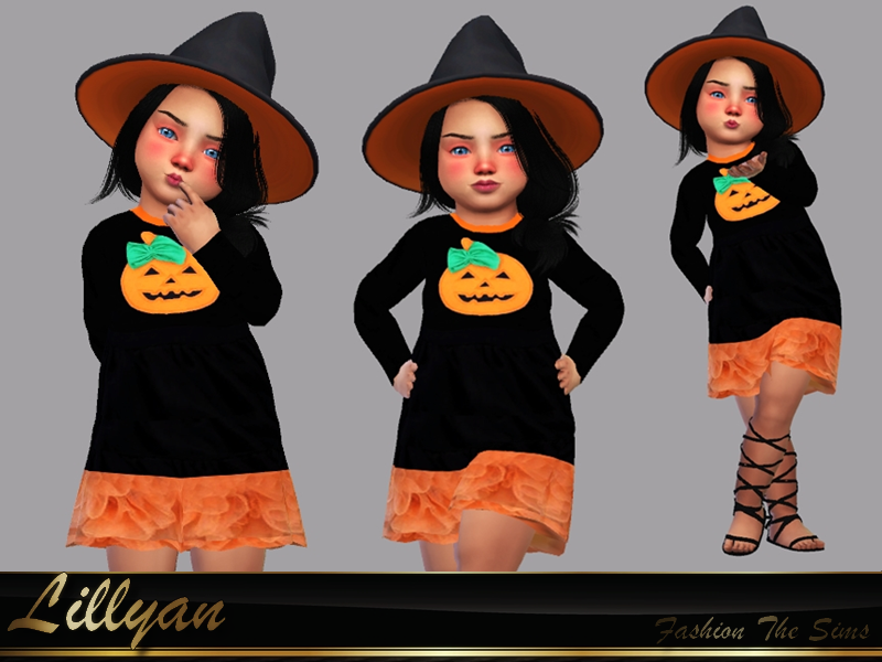 La même sim 3 fois portant une robe d'Halloween Sims 4 CC. La robe est à manches longues et noire, avec de l'orange en bas. Elle a un col orange et une citrouille sur la poitrine.
