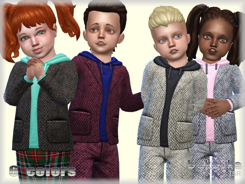 Quatre enfants portant des vestes de style blazer en tweed sur un sweat à capuche de couleur vive.