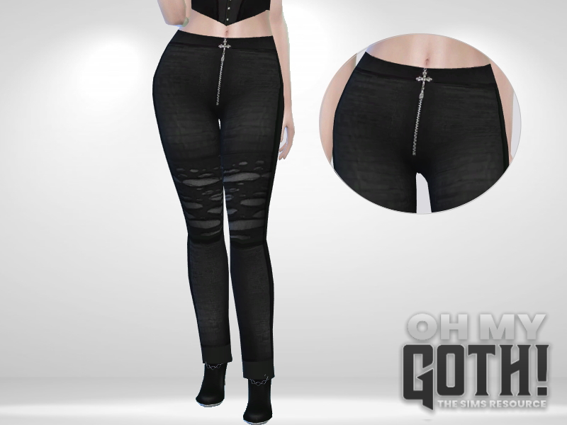 Un sim dont vous pouvez voir le ventre et les jambes. Il porte des pantalons noirs avec des découpes et une fermeture éclair en forme de croix.