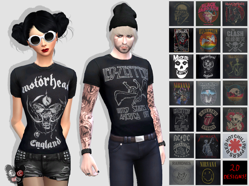 Deux Sims, un homme et une femme, du jeu Les Sims 4. Ils portent un t-shirt Motorhead et un t-shirt Led Zeppelin.