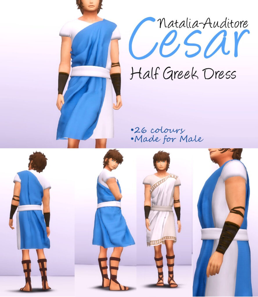 Un Sim masculin dans Les Sims 4 portant un costume d'Halloween CC qui est une robe t-shirt blanche avec un drapé en tissu bleu se transformant en toge