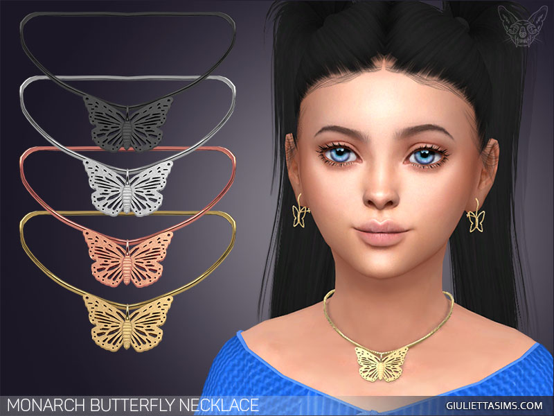 Un personnage des Sims 4 aux cheveux noirs en deux couettes hautes et aux yeux bleus. Il porte une paire assortie de boucles d'oreilles papillon en or et un collier papillon en or.