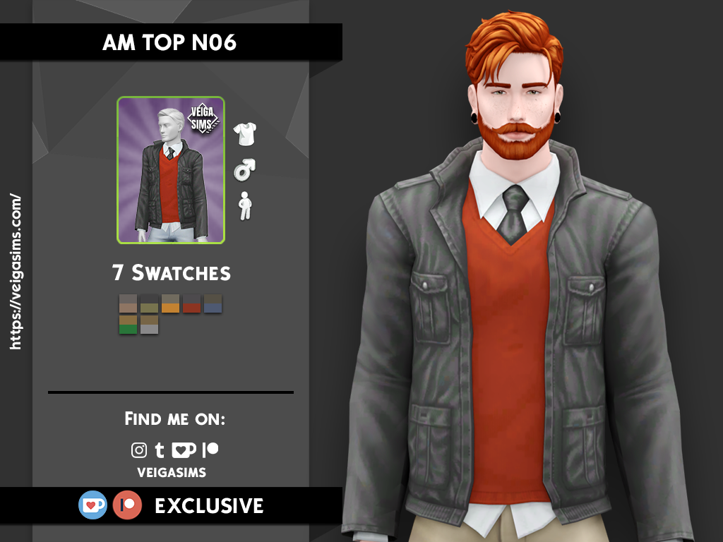 Un Sim avec des cheveux rouges et une barbe rouge avec des boucles d'oreilles espaceurs. Ce personnage porte une chemise boutonnée avec une cravate noire sous un pull rouge, et par-dessus, il y a une veste noire avec des poches.