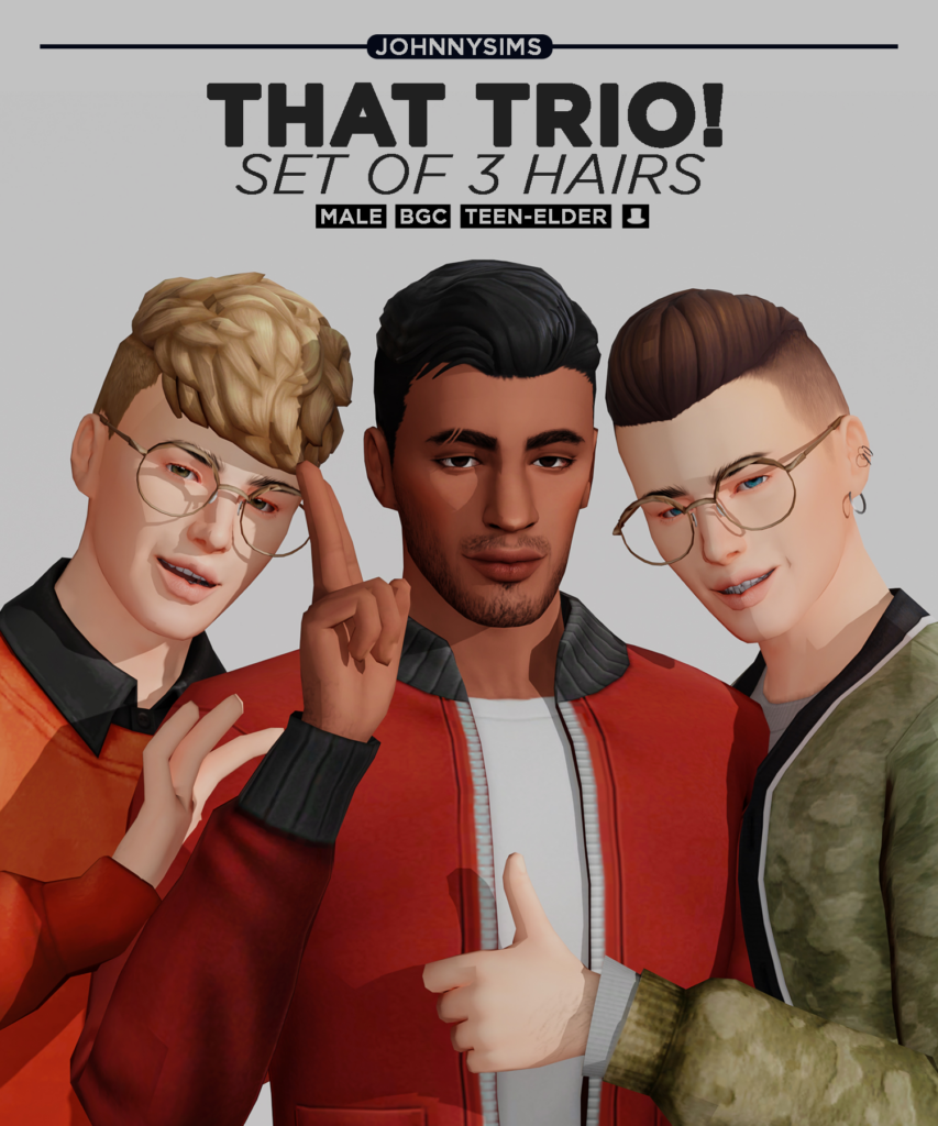 Trois Sims avec des coiffures différentes posant ensemble en vestes bombers.