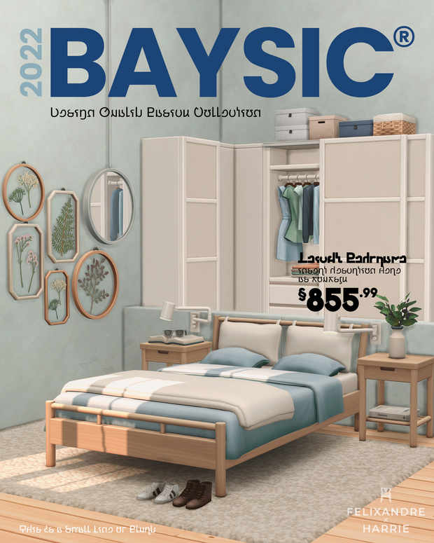 Un ensemble de cc pour chambre à coucher pour Les Sims 4 conçu et thématique d'après un catalogue IKEA.