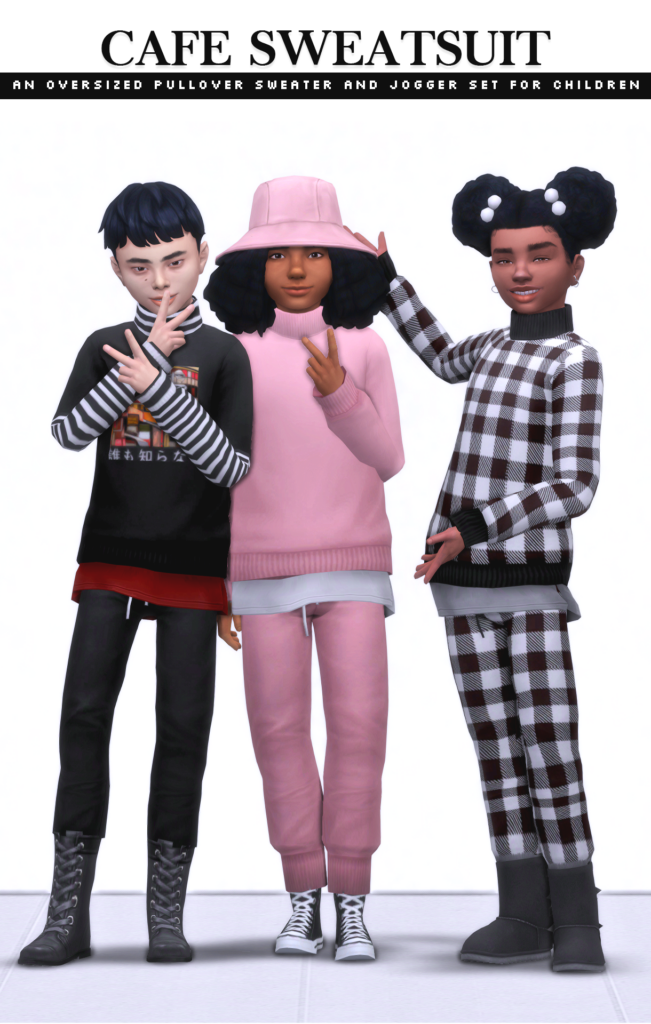 Trois sims portant des sweats assortis