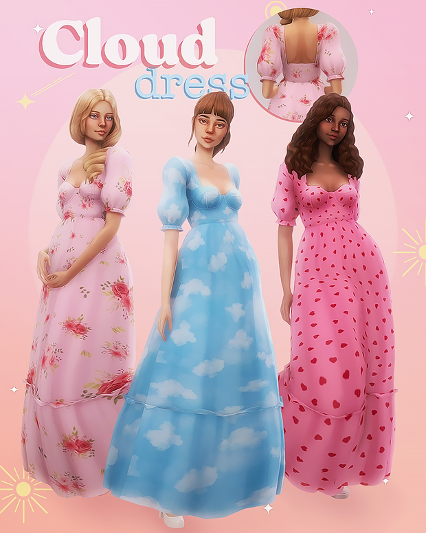 Trois personnages des Sims 4 portant des robes longues avec des motifs amusants, parfaites pour les robes d'invité de mariage CC.