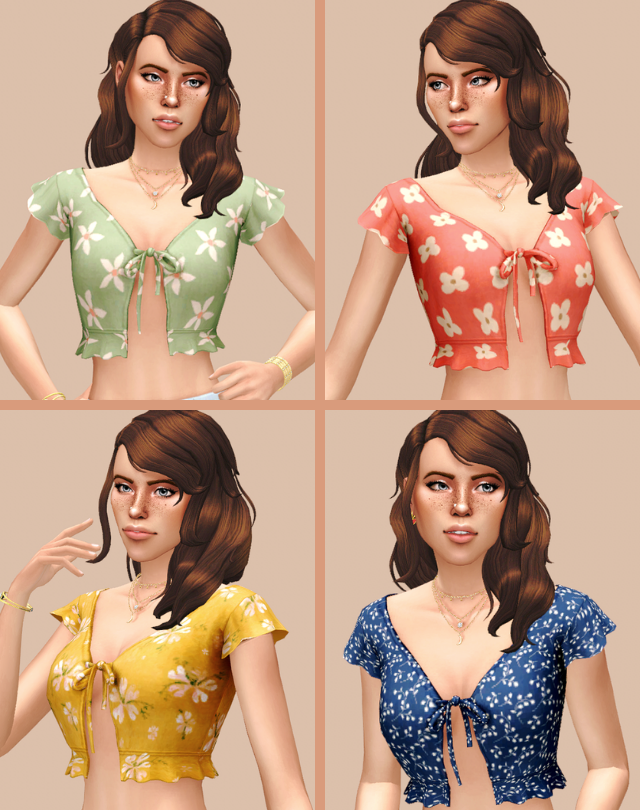 Quatre sims dans les coins de l'image, ils portent tous le même crop top avec des motifs floraux. sims 4