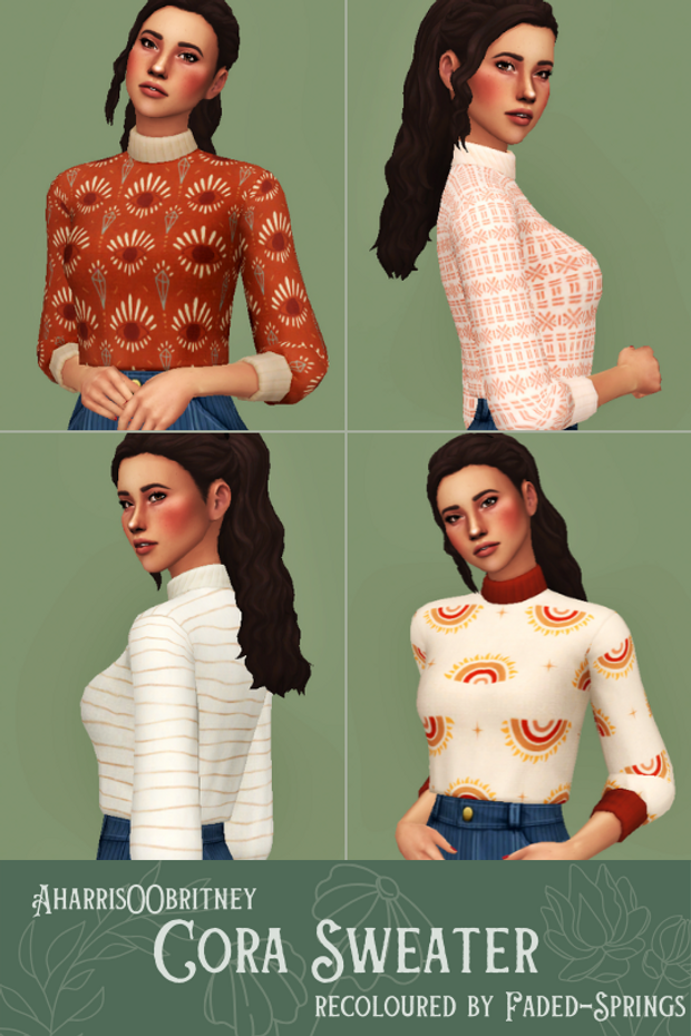 Quatre boîtes, chacune avec le même sim à l'intérieur. Ce sim a les cheveux attachés en queue de cheval avec une mèche encadrant le visage et ils portent tous le même haut sims 4 cc dans différentes couleurs.