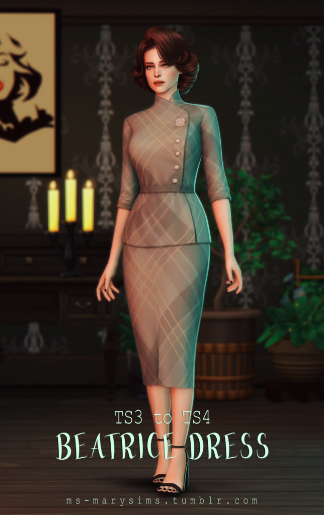 Un Sim se tenant dans une pièce au style vintage portant une robe que vous pourriez imaginer sur un directeur dans une école chic.