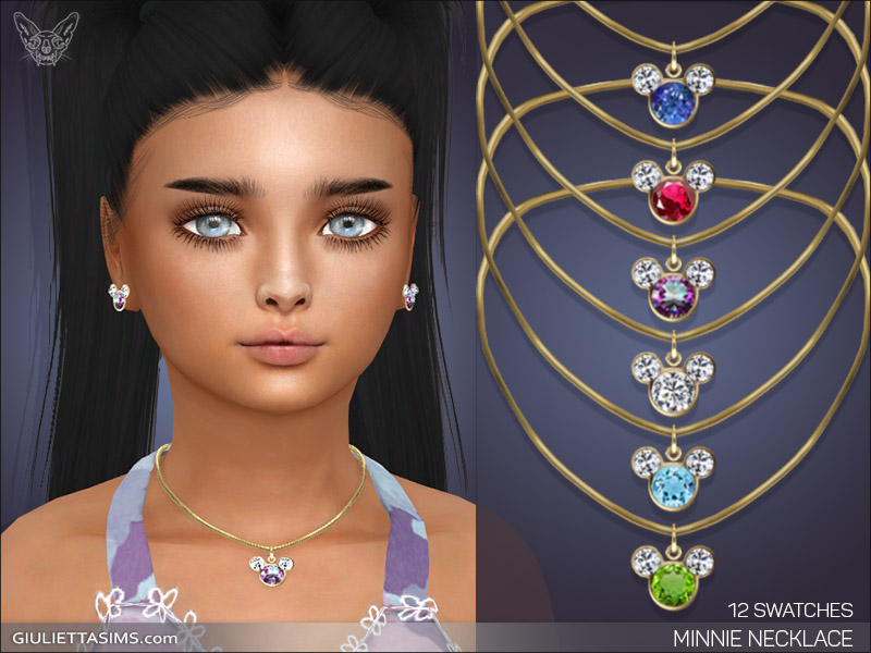 Un sim avec des cheveux noirs en couettes portant un débardeur et un collier à l'effigie de Minnie Mouse.