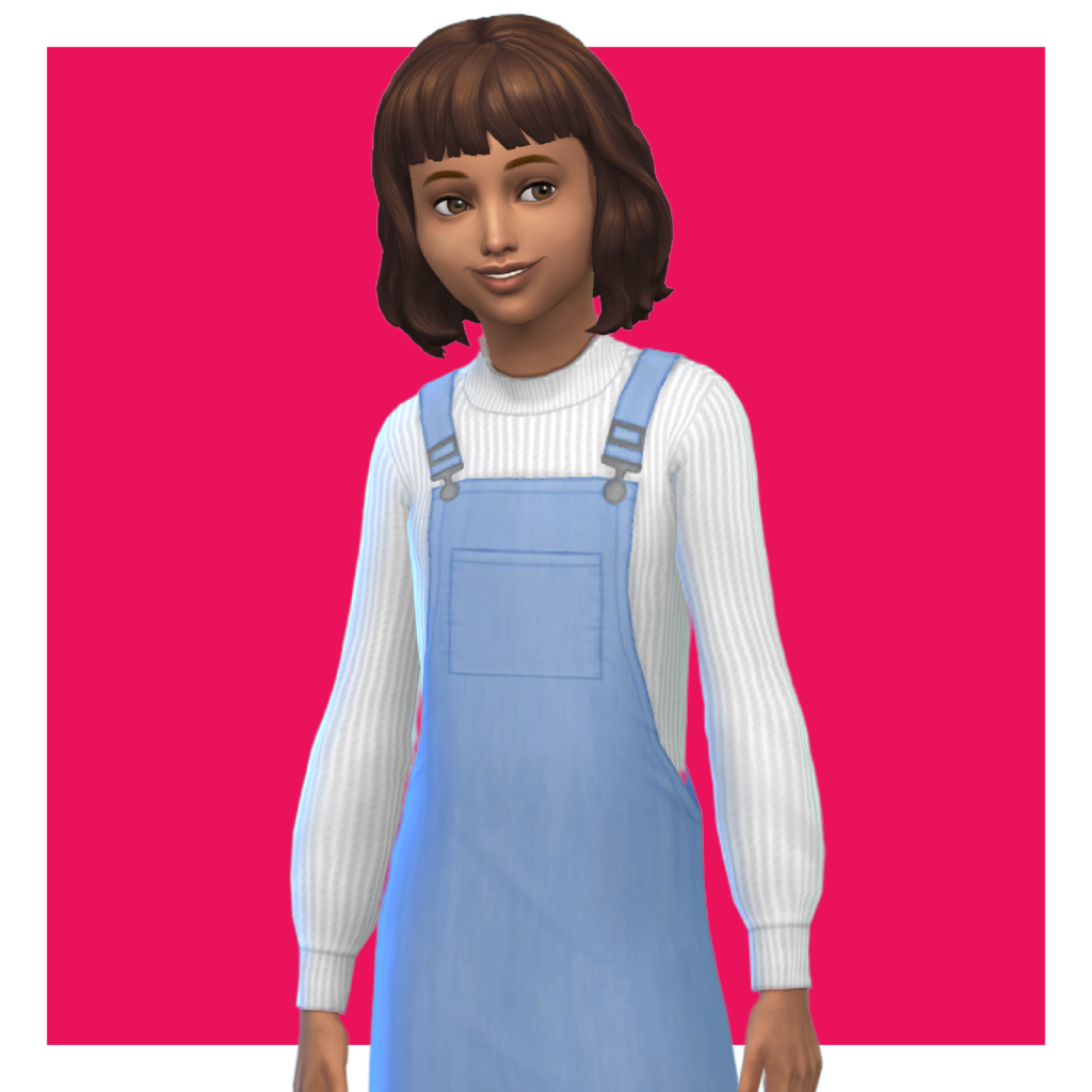 Un enfant des Sims 4 sur un fond rose vif. Ce sim a les cheveux plus courts que les épaules et porte un pull blanc à manches longues en tant que vêtements Sims 4 CC. Par-dessus, il porte une salopette.
