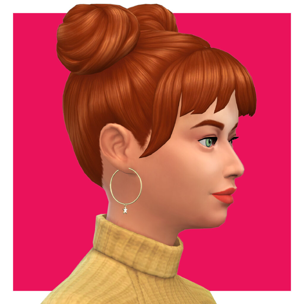 Un sim avec des cheveux roux portant une paire de boucles d'oreilles en forme de cercle doré avec une petite étoile descendante depuis le haut.