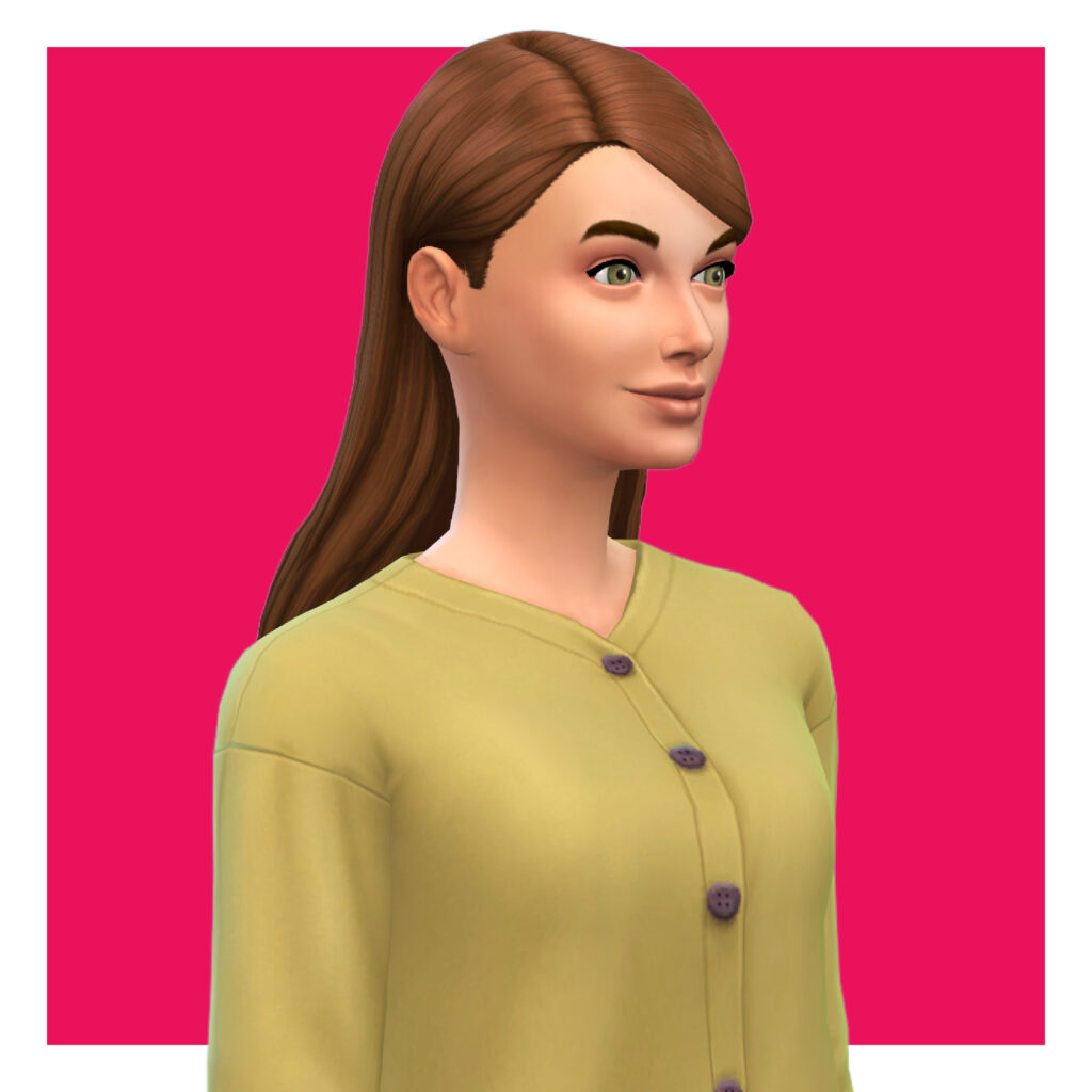 Un sim avec une chemise jaune foncé avec des boutons qui descendent devant. Il a les cheveux bruns, raides et plaqués derrière les oreilles et dans le dos.
