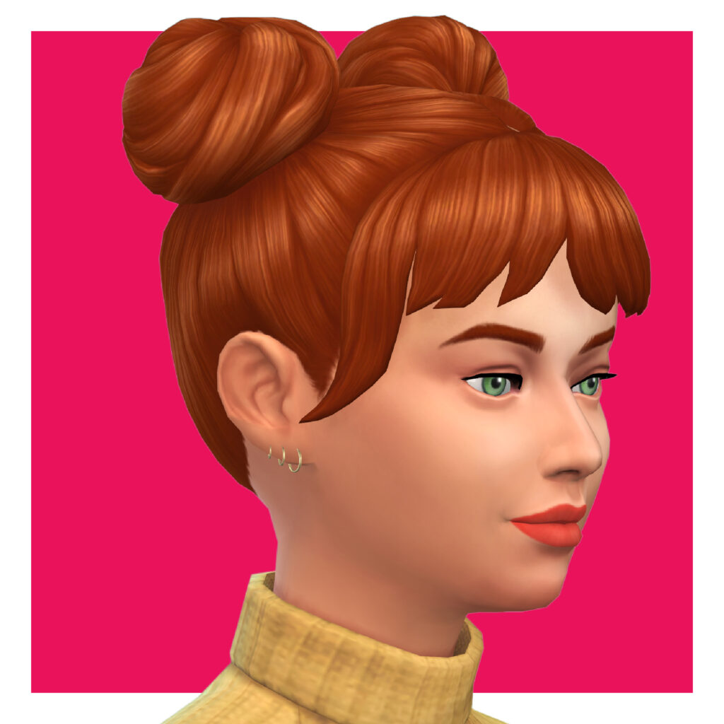 Un sim qui regarde vers la droite, avec les cheveux en macarons et une frange. Il a trois boucles d'oreilles à anneaux sims 4 cc différentes dans l'oreille, allant du plus petit au plus grand.