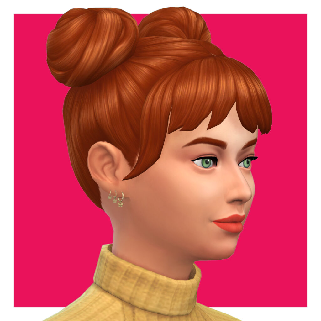 Un sim avec des cheveux rouges et des yeux verts portant un pull jaune avec trois petits cercles auxquels sont suspendus des papillons.
