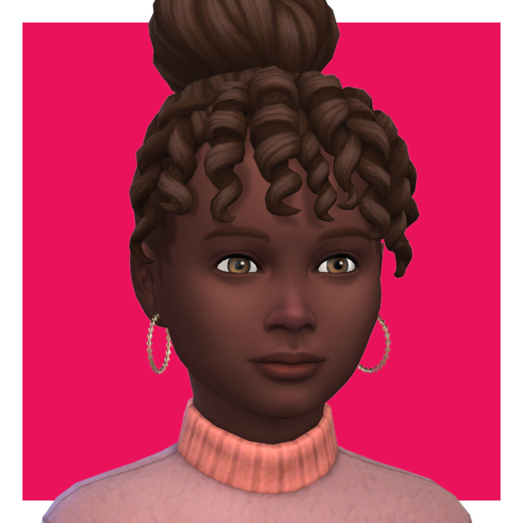 Un sim avec un pull à col roulé rose et des yeux marron. Il porte des boucles d'oreilles hoop.